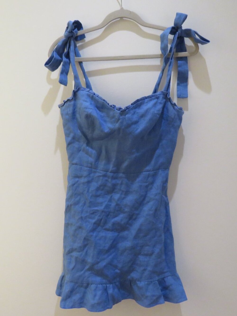 REFORMATION Desiree Linen Mini Dress Dusk Blue US 6 Coquette Smocked - Picture 3 of 13